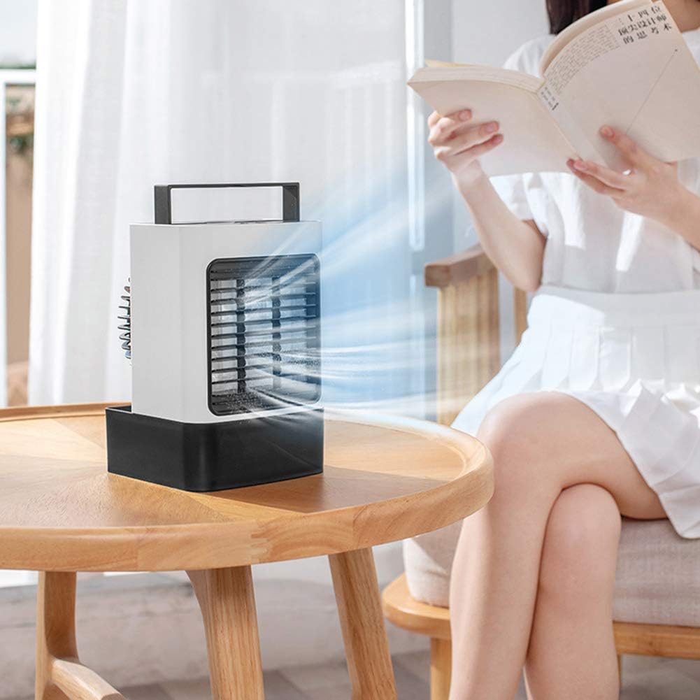 Mini Air Cooler Portable Cooling Fan USB Air Conditioning Fan Evaporative Coolers with Humidifier and LED Night Desktop Cooling Fan for Office Home Dorm Travel (White)