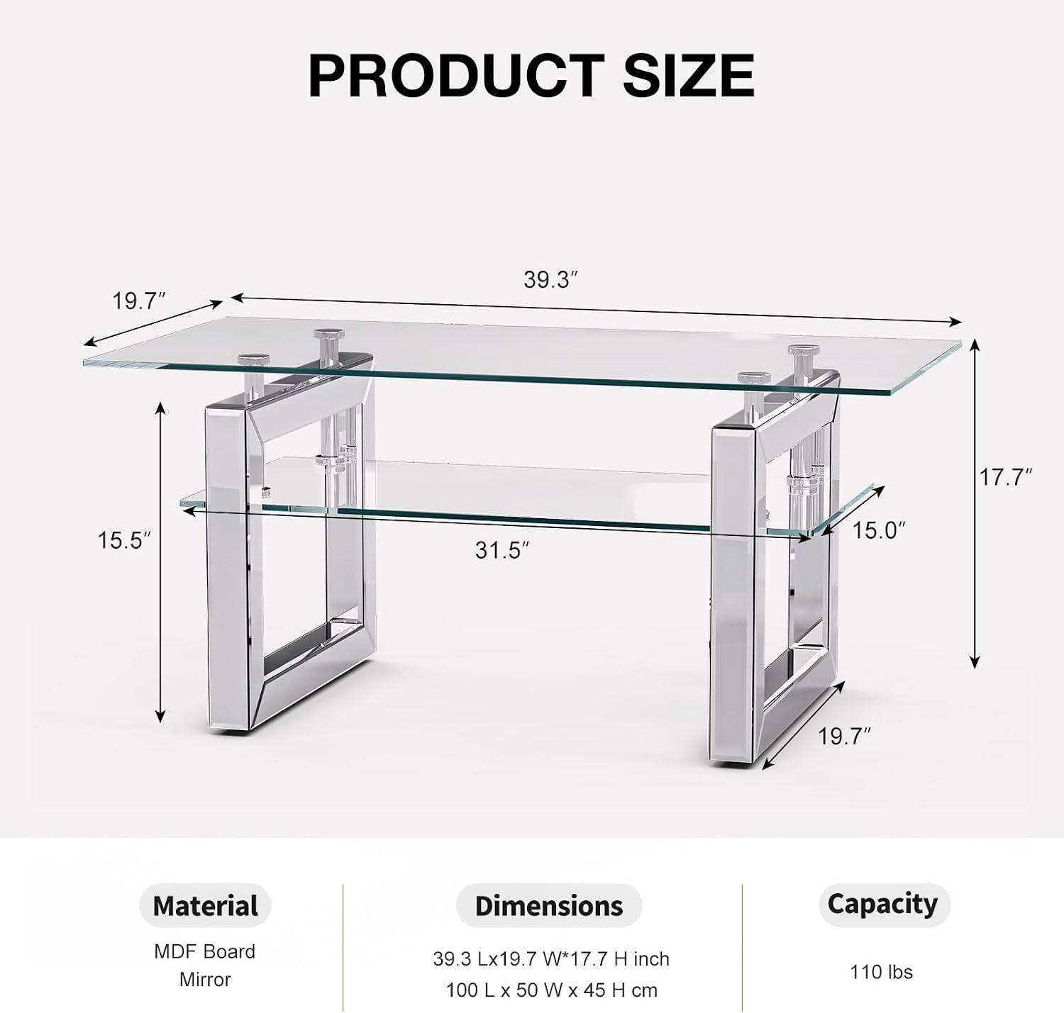 IKIFLY Glass Coffee Table with 2 Tier Glass Boards & Sturdy Metal Legs, Mirrored Clear Rectangle Glass End Table Coffee Tea Table for Home Office