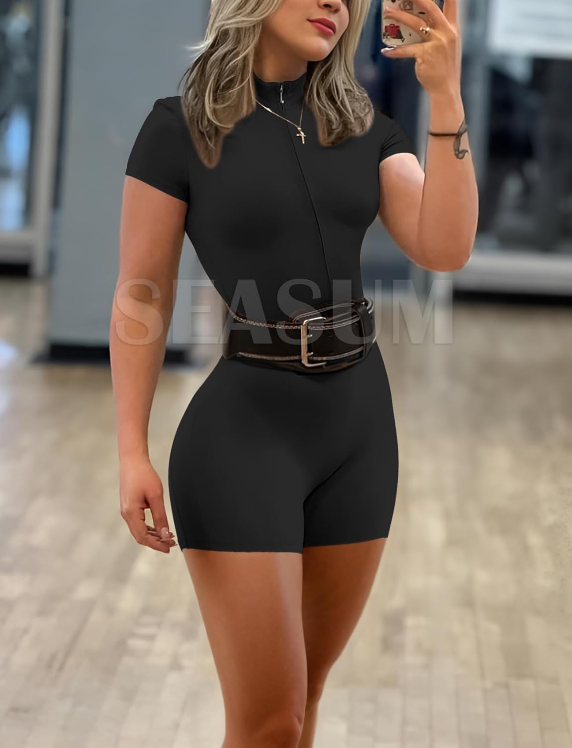 SEASUM Workout Jumpsuits for Women Zip Up Romper Open Back Bottom Short Sleeve Sexy Workout Bodysuit for Gym - Image 4