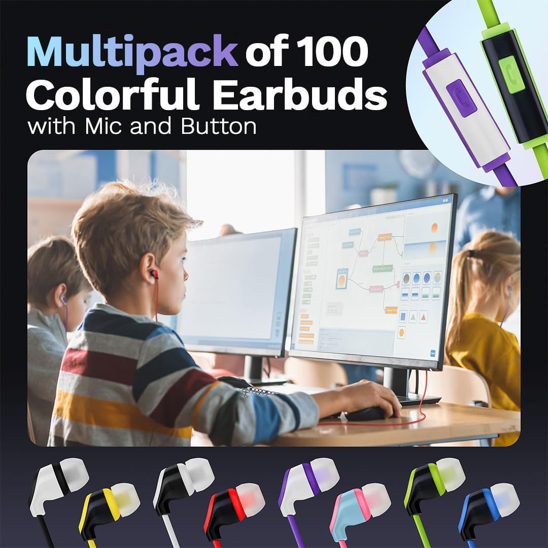 JustJamz USB C Earbuds, 100 Pack – in-Ear Wired Headphones USBC with Microphone, Type C Earphones for iPhone 15, iPad and Most USB-C Devices, Classroom Bulk Wired Earbuds