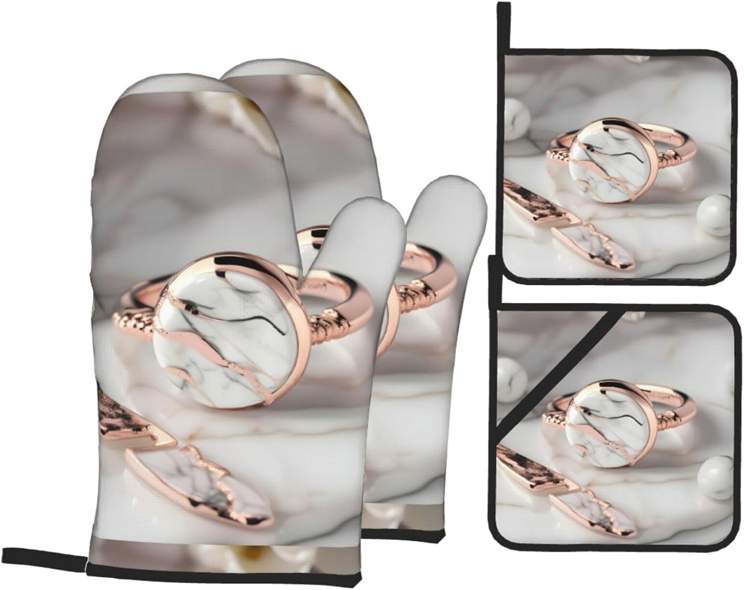 White Marble Rose Gold pattern Kitchen baking four piece set, fit for cooking and baking, oven, microwave, and outdoor barbecue