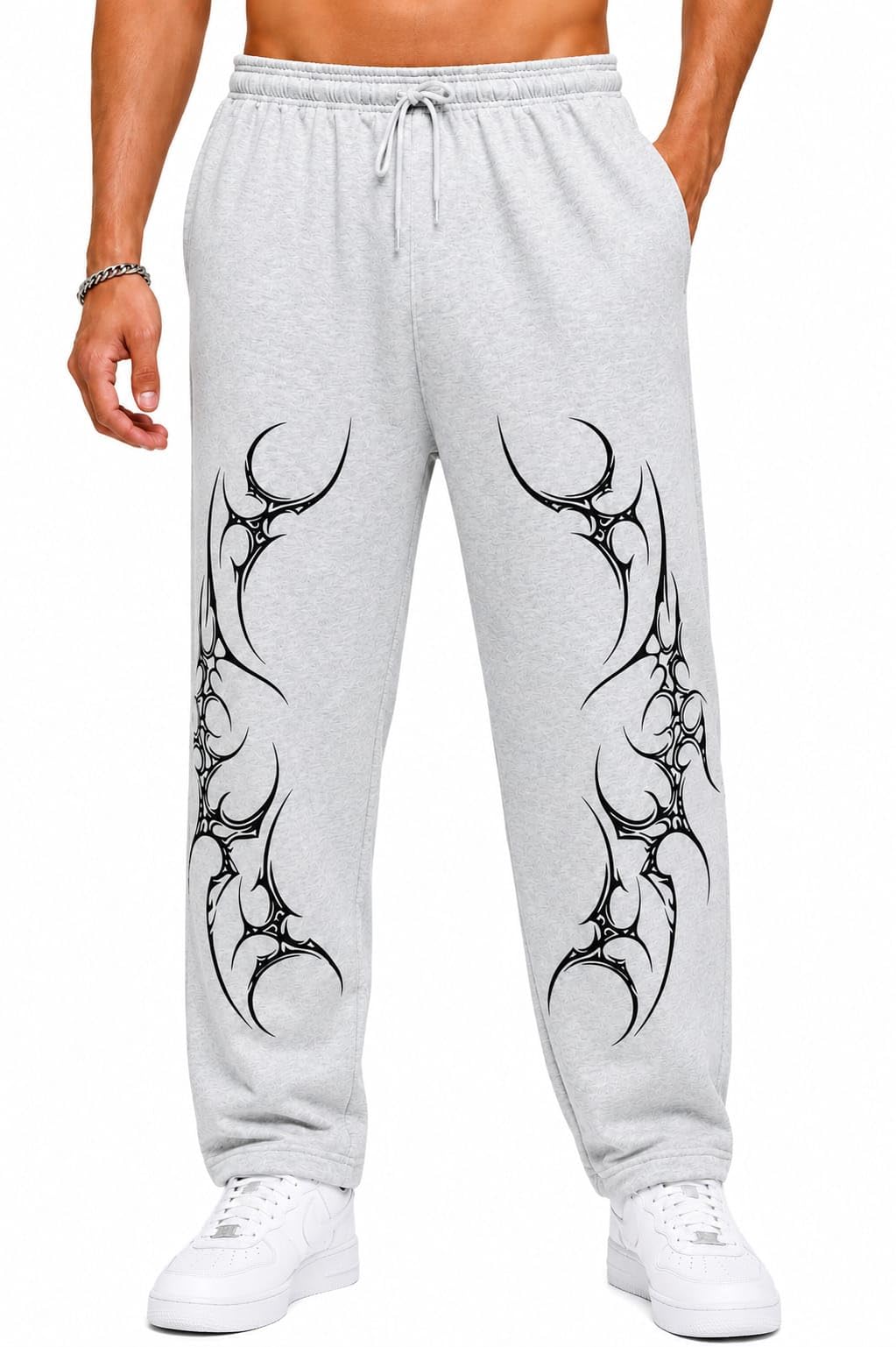 Men's Tribal Print, Light Grey Cotton Joggers -S-image-1