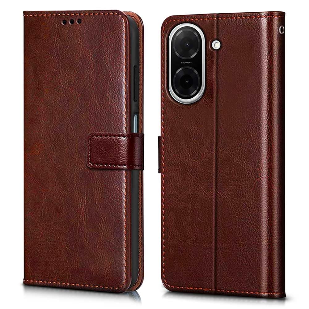 WOW IMAGINE Shock Proof Flip Cover Back Case Cover for Redmi A5 | Poco C71 (Flexible | Leather Finish | Card Pockets Wallet & Stand | Chestnut Brown)
