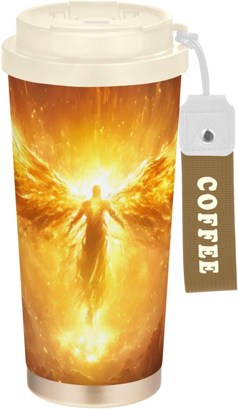 Archangel Wings Gold Insulated Coffee Mug with Straw & Flip Lid, 16.9oz Iced Tumbler Cup, Double Wall Vacuum Leak-Proof Mug for Travel Office