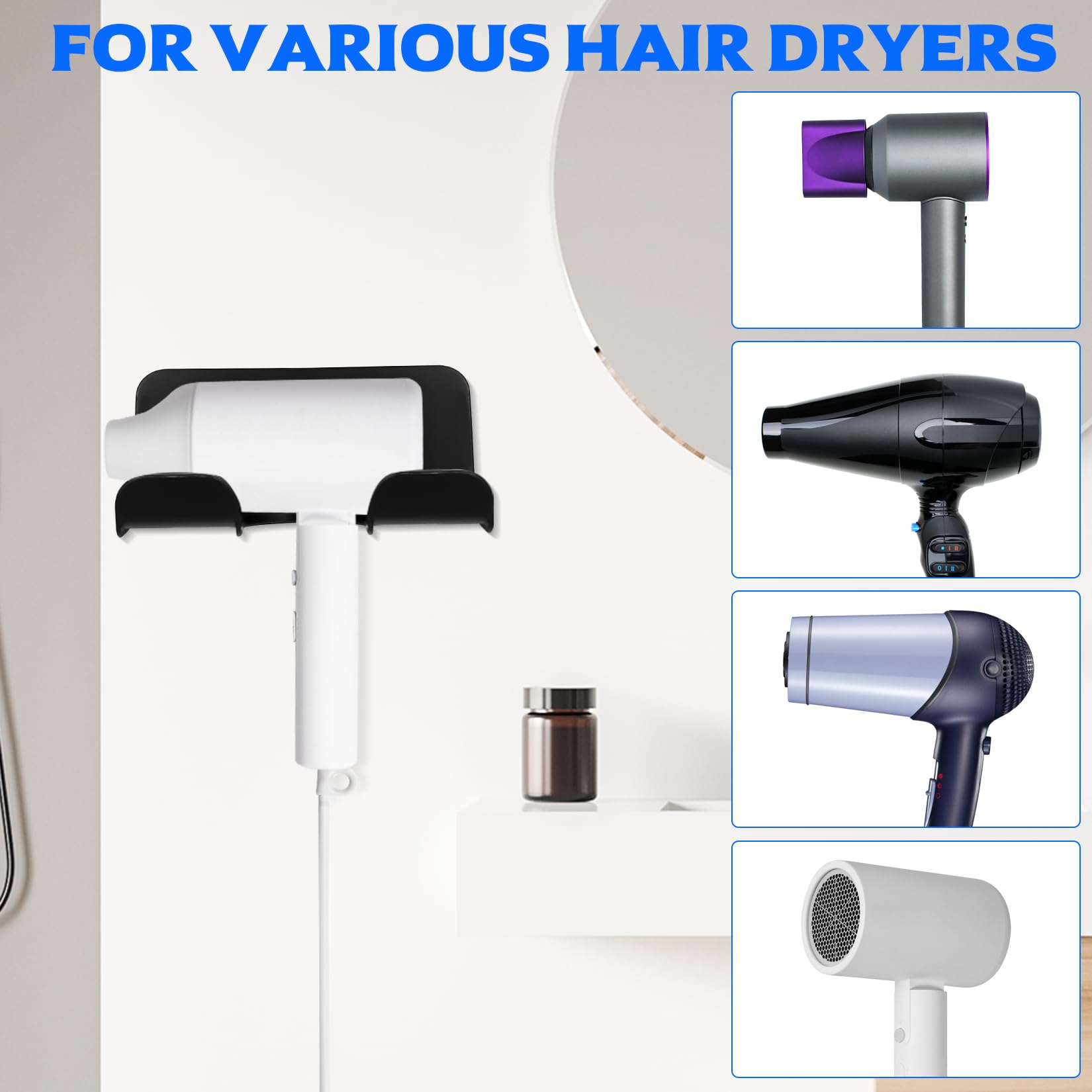 McBlast Soporte Secador Pelo Pared Autoadhesivo 4 Piezas, Colgador Sin Taladro Baño Blanco y Negro