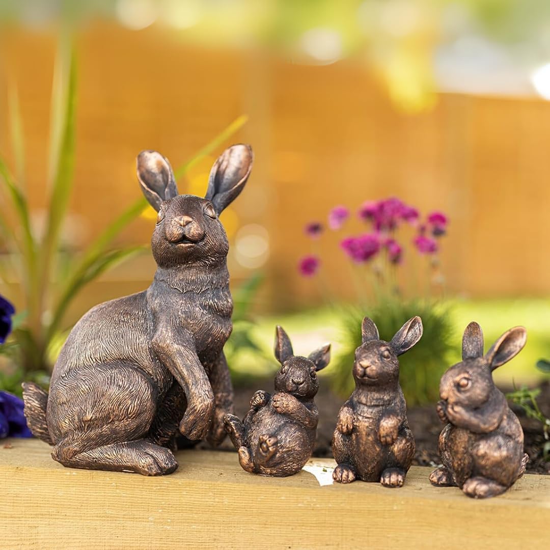 Garden Mile Set of 4 Resin Rabbit Ornaments Rabbit Family Novelty Garden Home Bronze Effect Outdoor Indoor Decoration for Home Patio Decking Pondside Standing Weatherproof