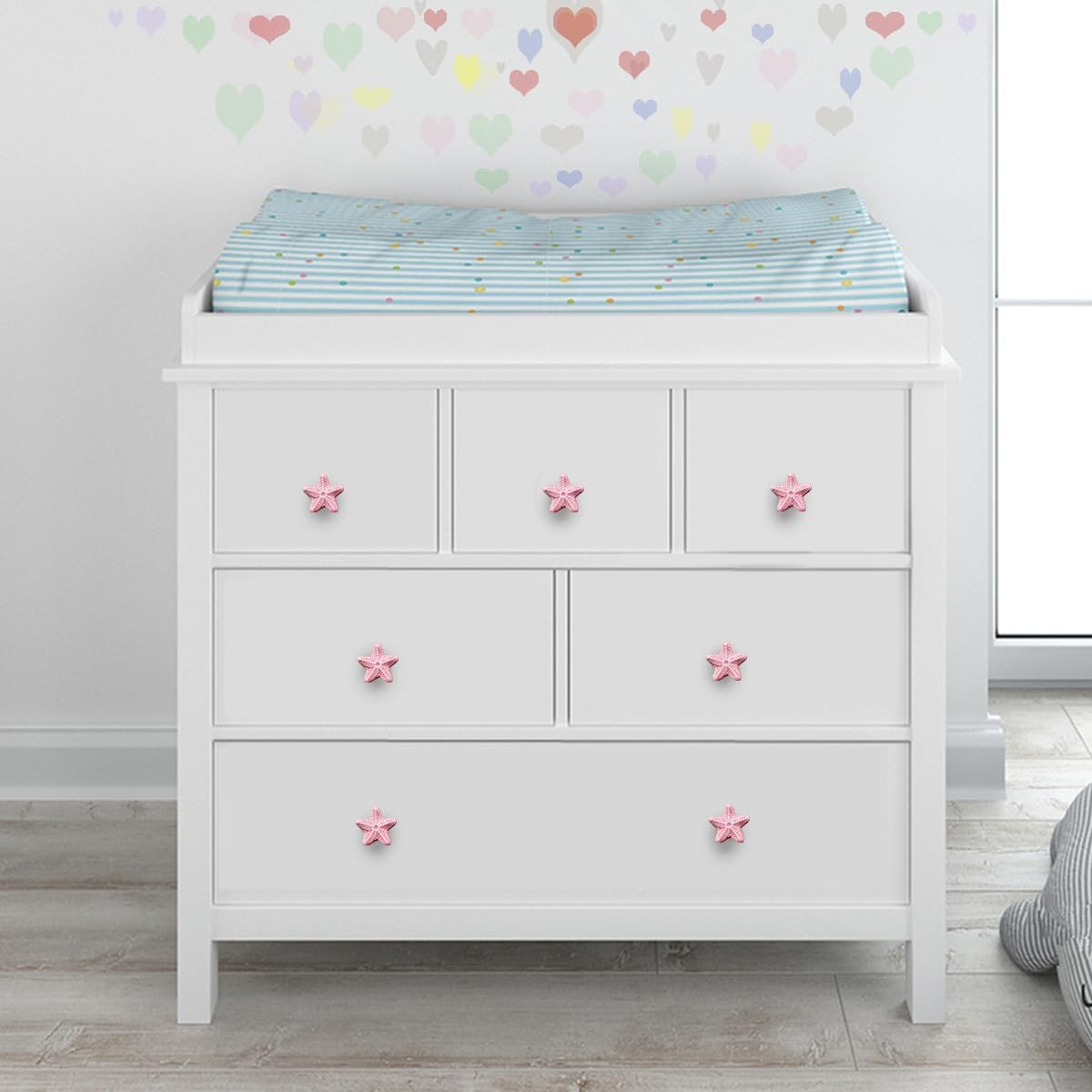 4 Pack Cabinet Handles Ceramic Drawer Knobs Starfish Shape Cupboard Dresser Wardrobe Closet Door Knobs Pull Handles Coastal Kitchen Furniture Knobs with Long Short Screws, Pink
