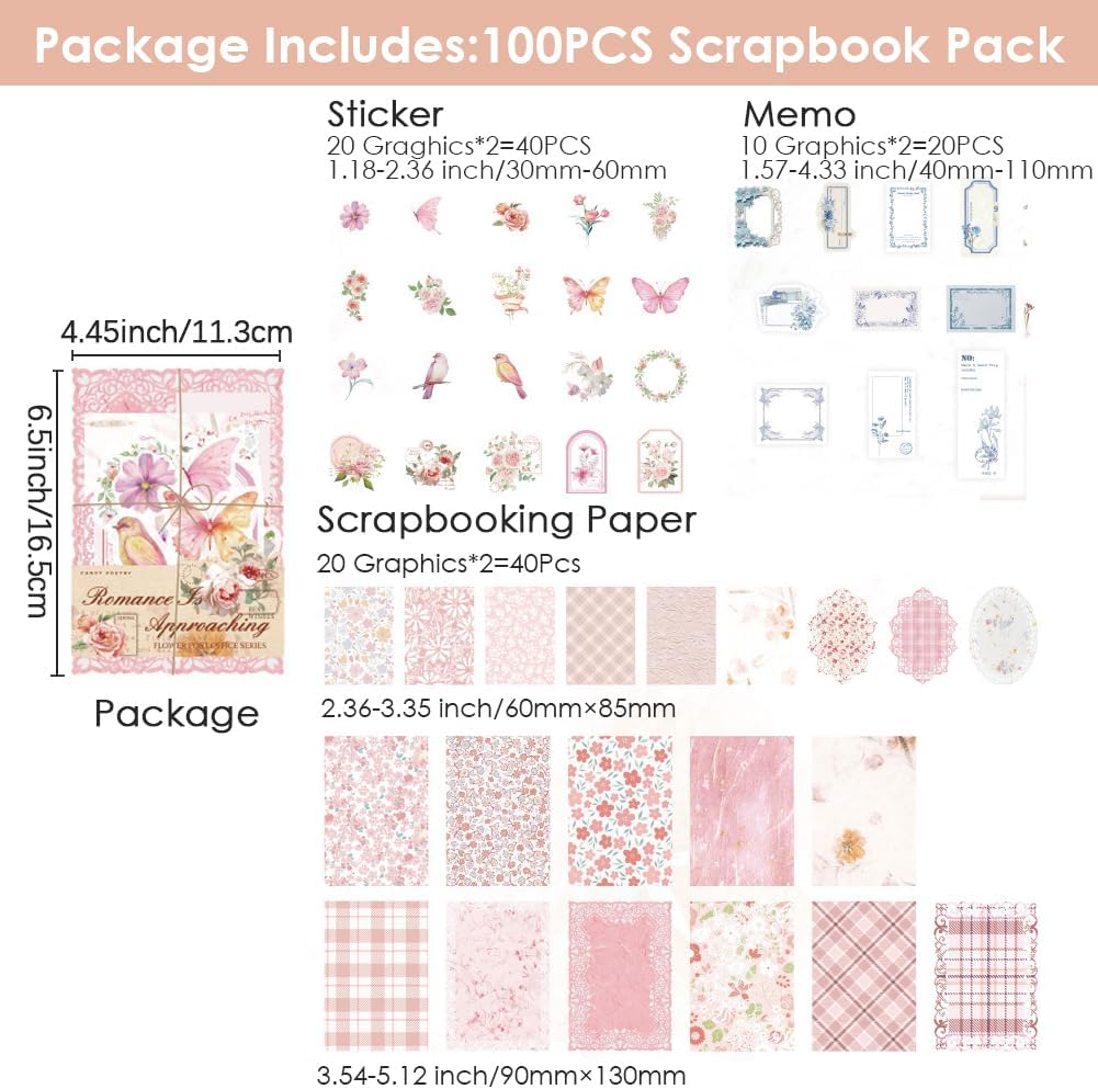 CRASPIRE 100Pcs Pink Vintage Floral Scrapbook Paper Supplies Kits Textured Assorted Set Mixed Flower Papers Memo Labels Journal Collage Card Album Sticker Retro Craft Planner