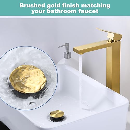 Miniatura 4 de ARCORA - Drenaje para fregadero de baño sin desbordamiento, tapón de drenaje desplegable dorado cepillado para fregadero de buque