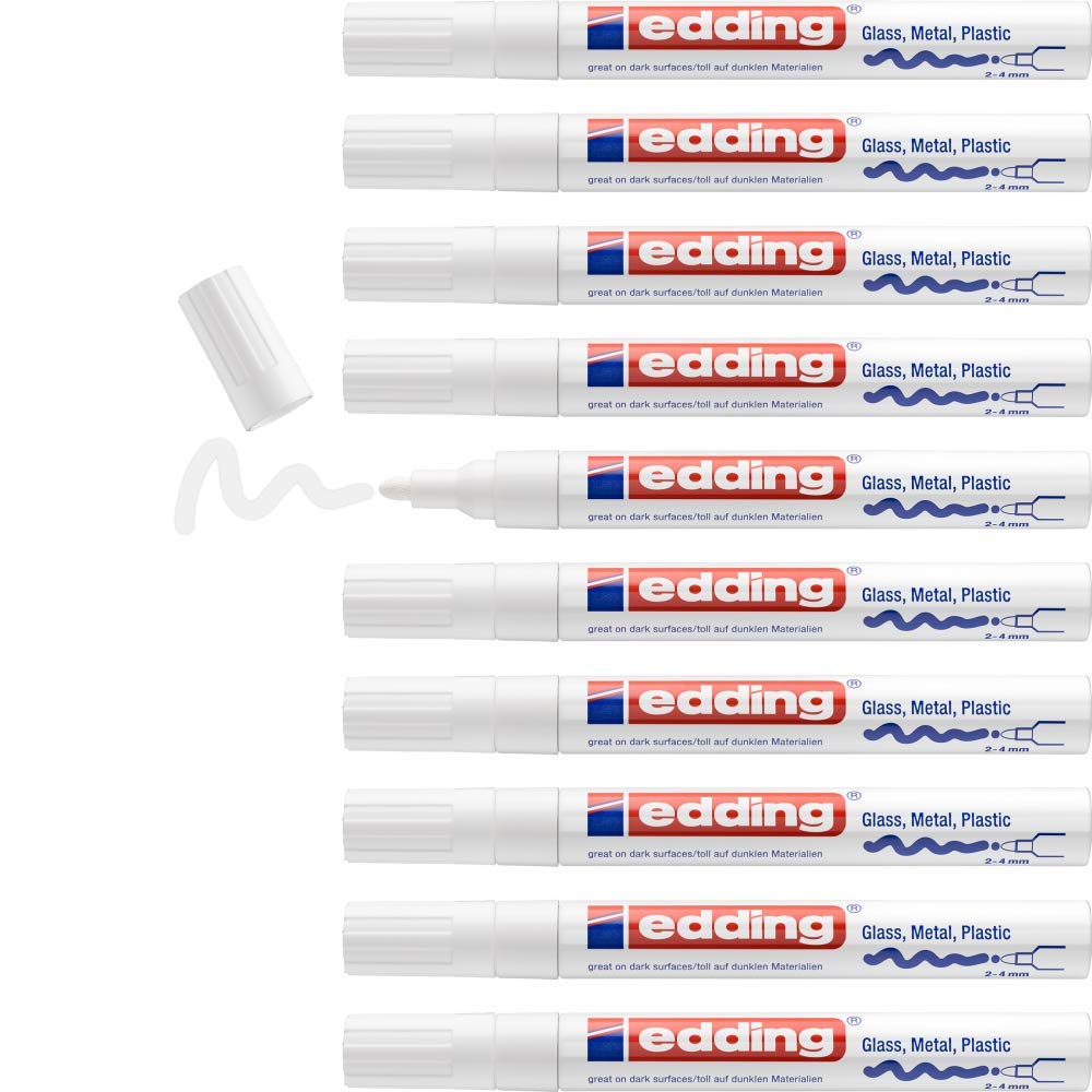 edding 750 marcador de tinta opaca brillante - blanco - x10 - punta redonda 2-4 mm - rotuladores brillante efecto lacado para vidrio, piedras, madera, plástico, papel - color permanente