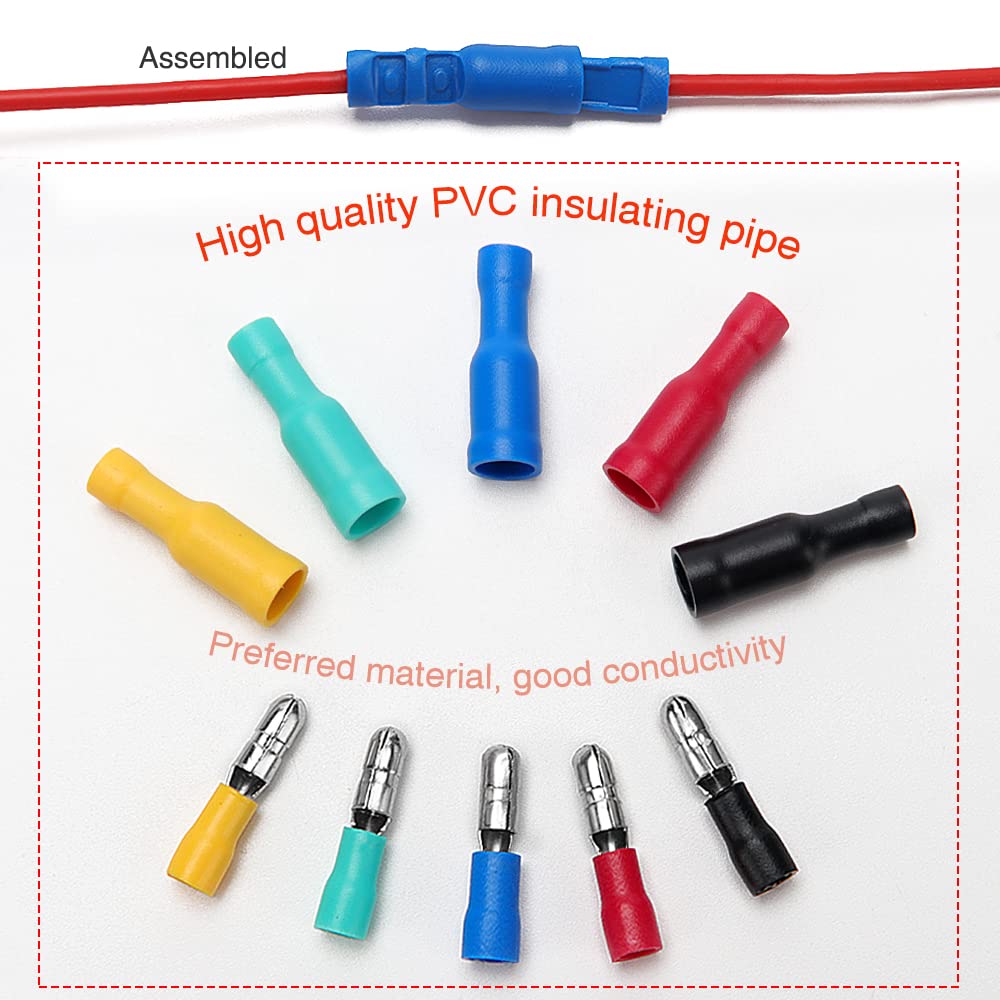 YIXISI 110 Pezzi Connettori a Testa a Proiettile, Capicorda Elettrici Cilindrici Isolati, Femmina e Maschio Terminali a Crimpare Elettrici (22-16 AWG)