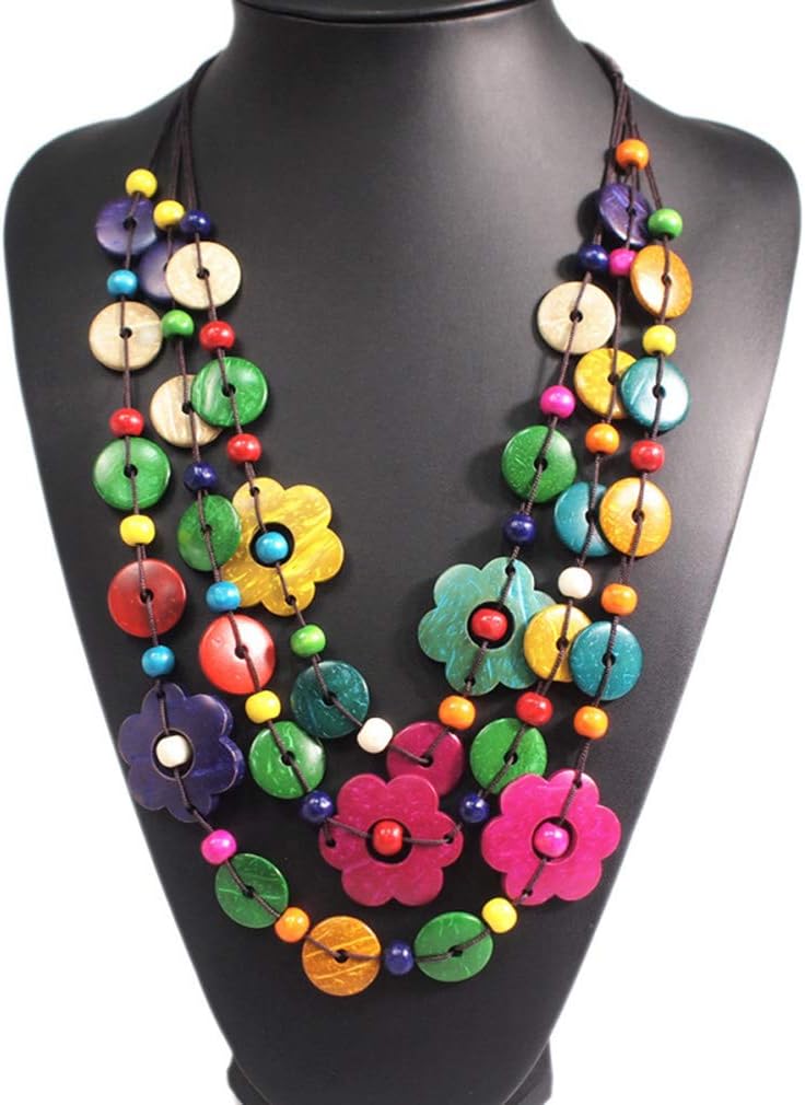 YAZILIND Vintage Antique Woven Wood Bead Bohemia Flower-shape Coconut Shell Charms Pendent Statement Collar Necklace Chunky Layered Handmade Beaded Long Necklaces for Women(colorful) - Image 2