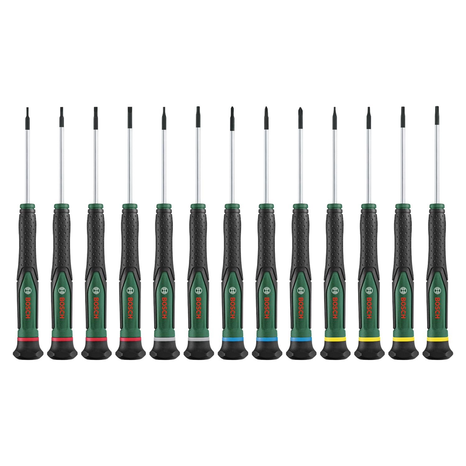 Bosch Set de tournevis 13 pcs (en acier S2 extra-dur pour bricolage/modélisme/artisanat ; embouts précis et magnétiques ; PH/TX/HEX/SL ; codage couleur des tailles ; Softgrip)