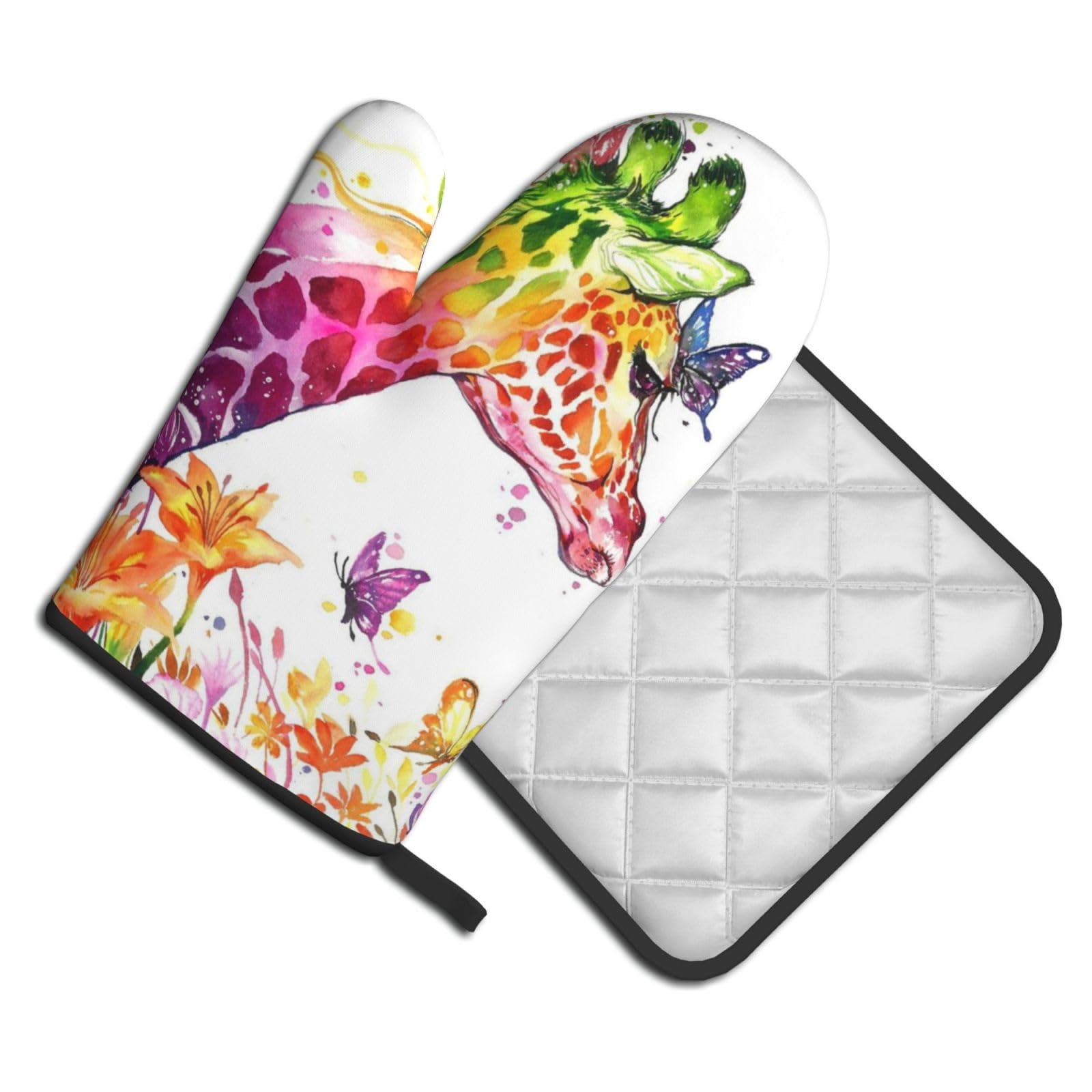 Oven Mitts and Pot Holders Set of 2 Pcs, Giraffes Butterfly Printed Heat Resistant Kitchen Gloves Potholders for Cooking Baking Grilling