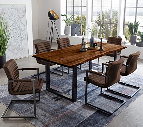 SAM 7 TLG. Essgruppe Quintus, Baumkantentisch 200x100 cm, Akazie-Holz nussbaumfarben, Gestell schwarz, 6X Schwingstuhl Parzivo Wildleder-Optik