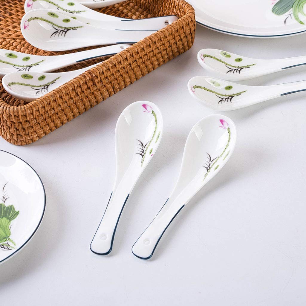 cucharas de Sopa Hueso China Cerámica Cerámica Hogar Pequeño Sopa Cuchara 10 Piezas Pintado a Mano Lotus Porcelana Sopa Cuchara Longitud 5.3 Pulgadas Cuchara para Servir de Cocina
