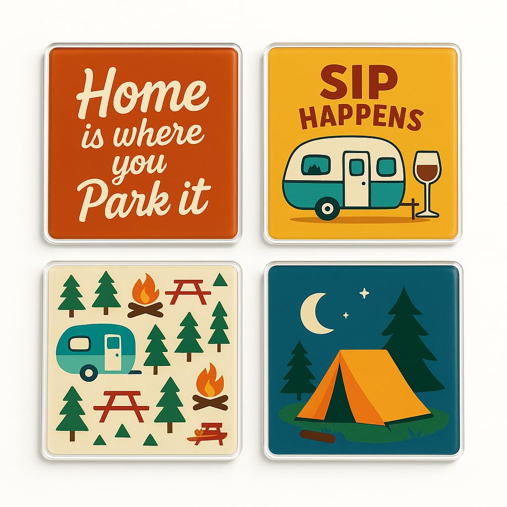 The Plum Penguin Park It Joyfully Acrylic Coaster Gift Set Of 4 With Nostalgic Camping Design - Retro Caravan Adventure Drinkware For Outdoor Enthusiasts