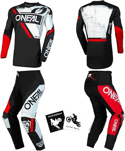 MX Outfit O'Neal Element Shocker NegroRojo Hombres (W34L) Pantalones de protección Jersey motocross Dirt Bike Bundle Combo