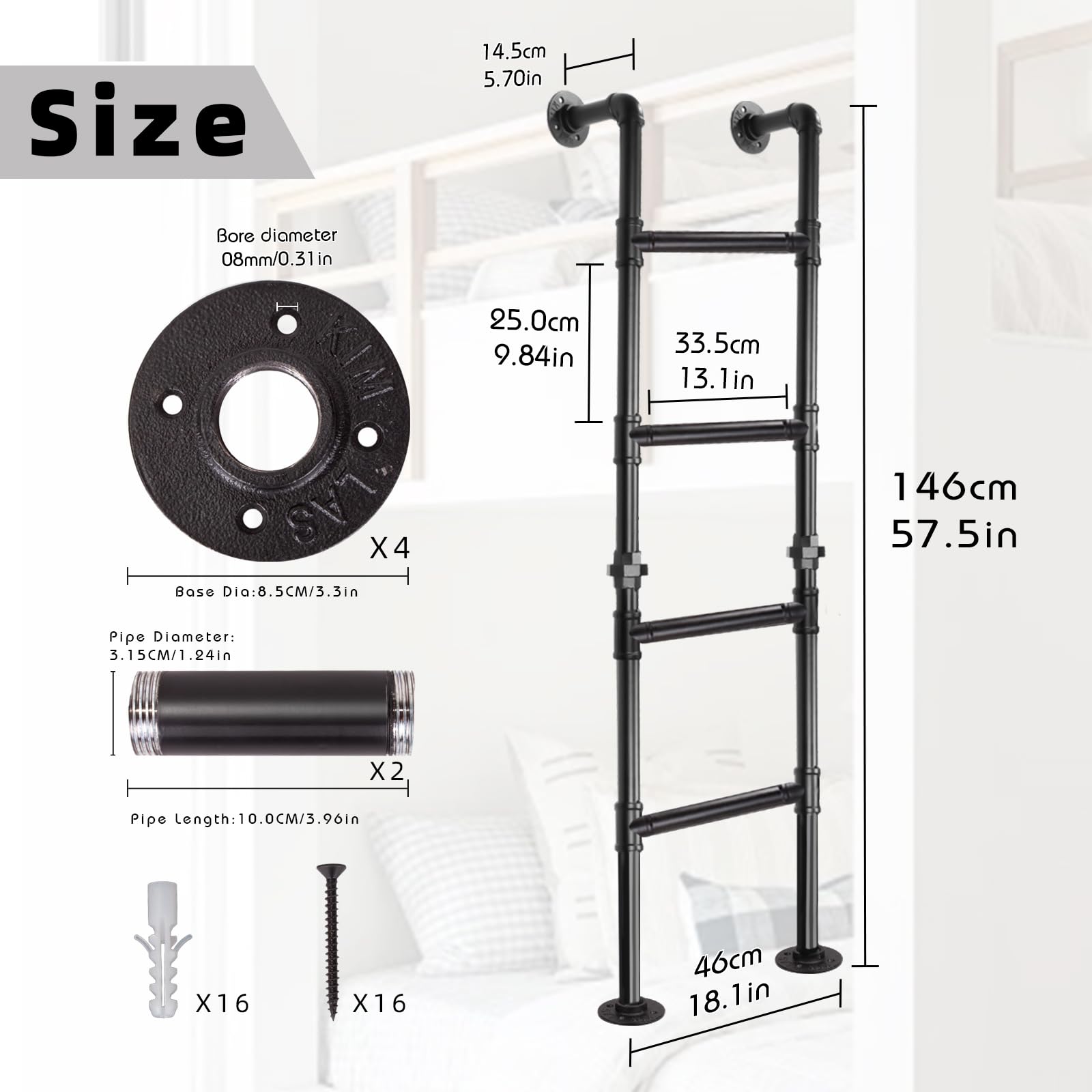 4-Sprossen Wandleiter aus schwarzem Metall, 146 cm/4.8FT, bis 150 kg belastbar, Wand- und Bodenmontage, Robuste Ausstiegsleiter für Etagenbett, Loft, Dachboden, und Kellerfensterschacht