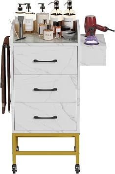 Kikihuose Salon Storage Trolley Cart, Rolling Barber Station w/Toughened Glass Top, Drawers, Hair Dryer Holders, Towel Rack, Locable Wheels for Hair Stylist, Salon Storage Equipment, White Marble