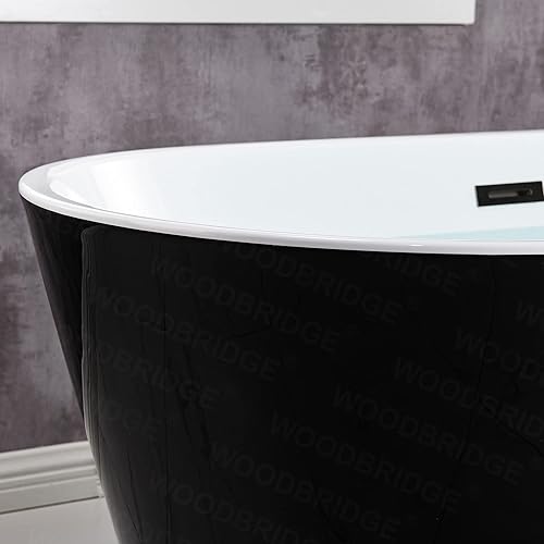 Miniatura 12 de WOODBRIDGE Bañera de acrílico independiente de 59 pulgadas, bañera negra de remojo contemporáneo con desbordamiento y drenaje negro mate, B1814-MB