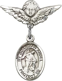 Sterling Silver Baby Badge with Guardian Angel Charm and Angel w/Wings Badge Pin 7/8 X 3/4 inches