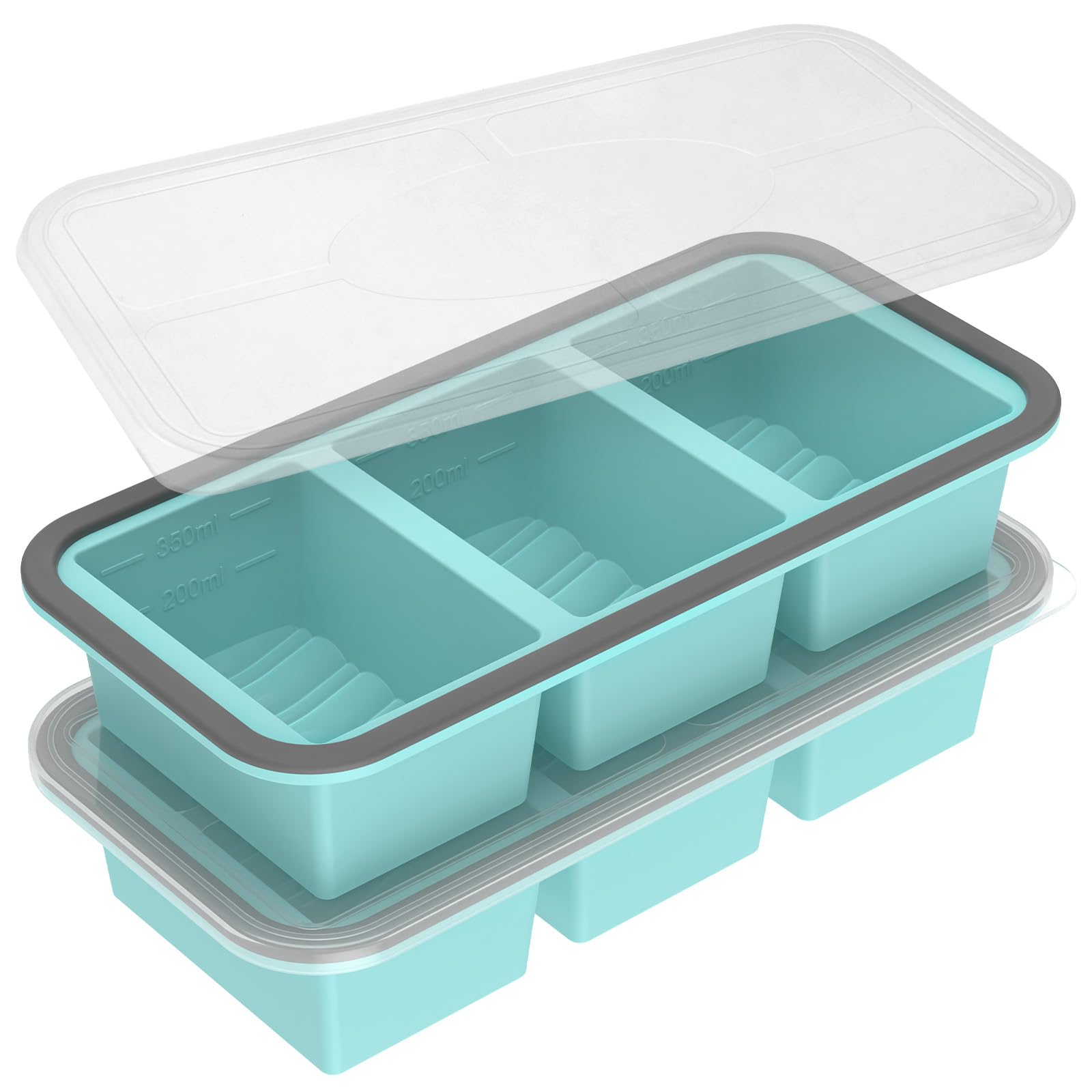 2Pack Silicone Freezer Tray for Ice Cubes,1-Cup Soup Freezer Molds with Lid for Meal Prep, Makes 6 1-Cup Soup Portion Freeze Trays for Storing 350mL/200mL Broth, Leftovers and Sauce(Blue Green)