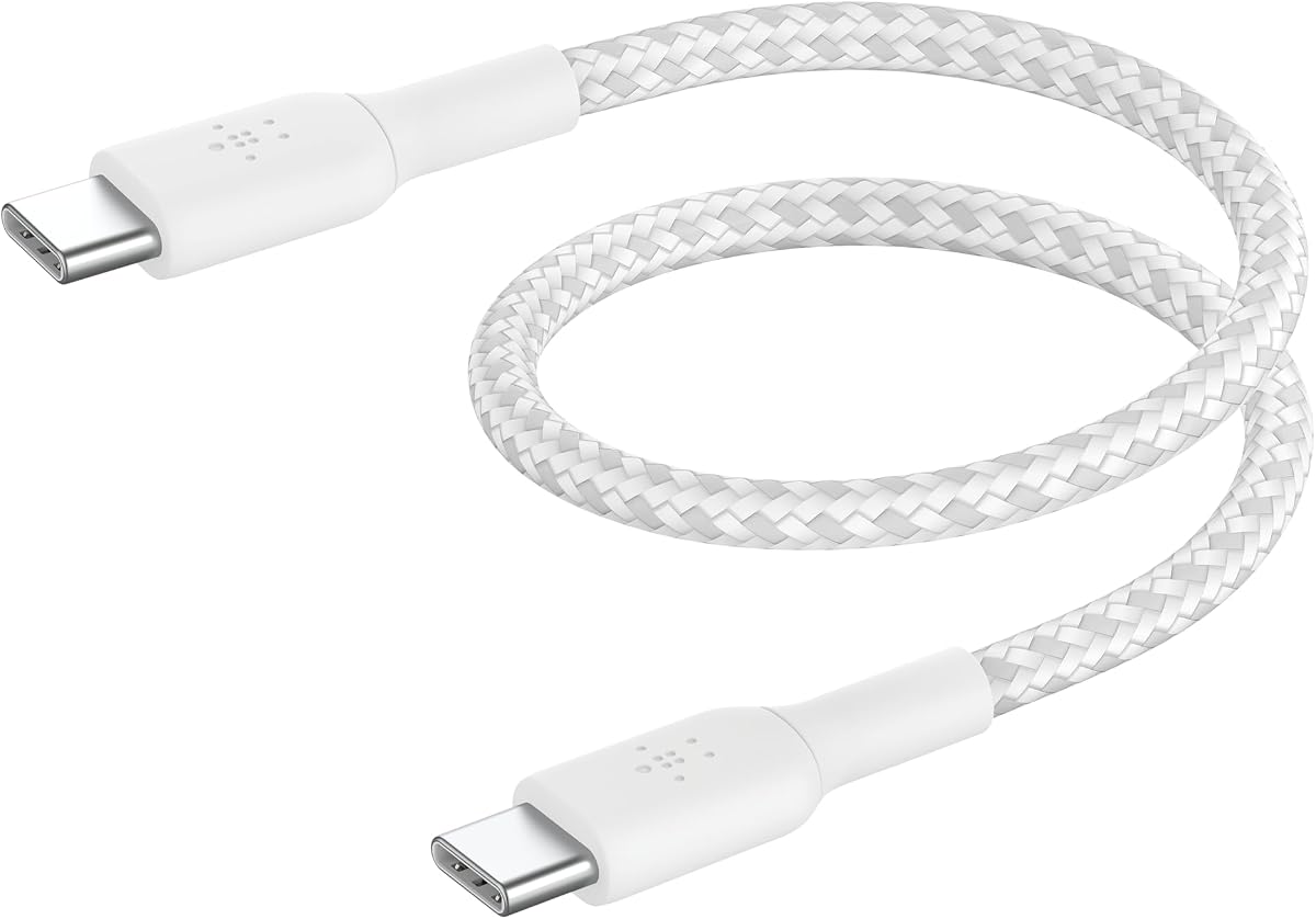 Cable trenzado USB-C a USB-C BoostCharge (0,5 pies) de Belkin para iPhone 16, iPhone 16 Pro, iPhone 16 Pro Max, iPhone 16 Plus, iPhone 15, Galaxy S24, S23, Note10, Pixel 9, Pixel 8, iPad Pro y más, blanco