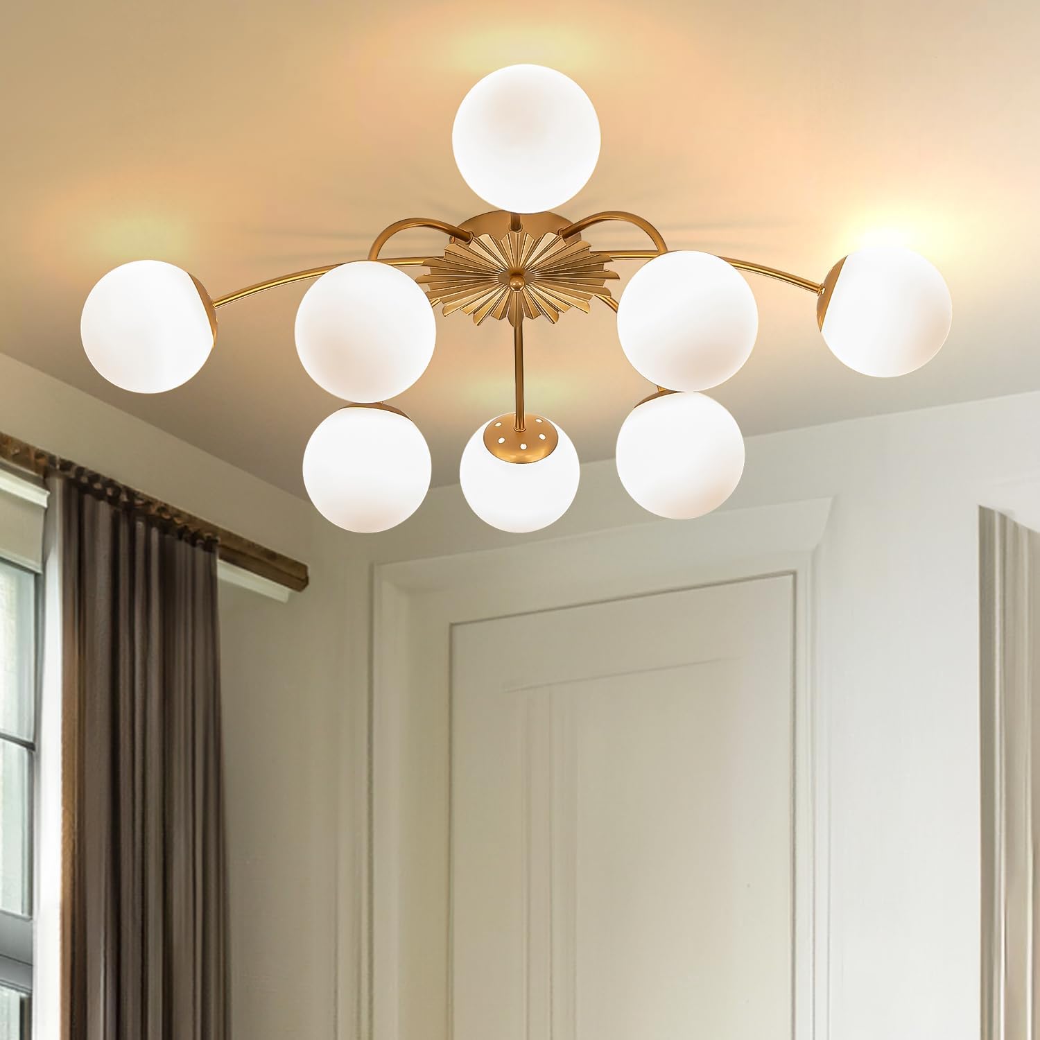 12-Light Sputnik Bubble Glass Chandelier Light Fixture, 40" Milk Glass Pendant Light, Hand Blown Semi Flush Mount Ceiling Chandeliers Lighting for Dining Room, Living Room (Gold, 8-Light)