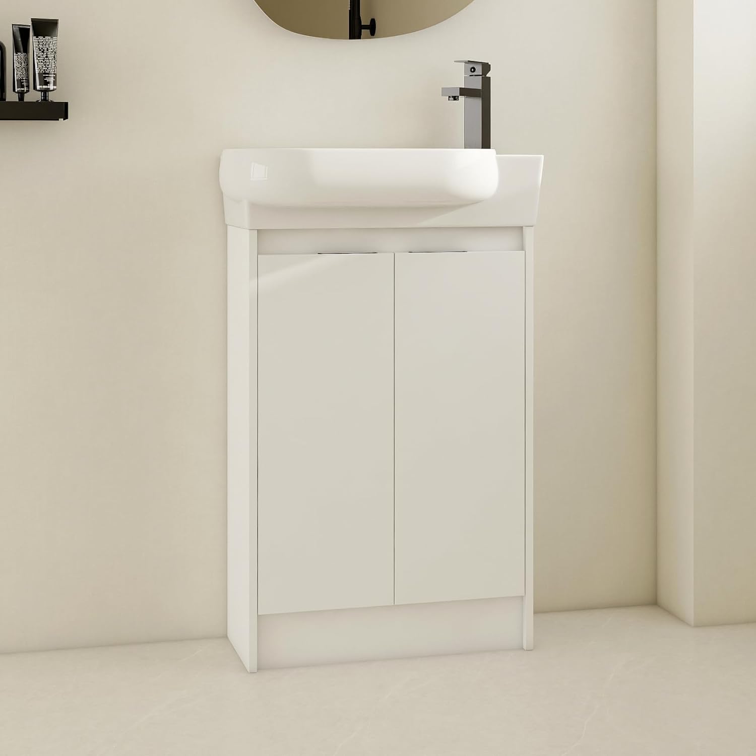 Henf Small Bathroom Vanity with Sink, 23" Freestanding Bathroom Vanity Combo with Ceramic Sink and Adjustable Shelf, Single Wood Bath Room Set w/Soft Closing Doors for Small Space