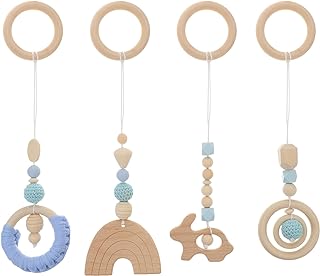 Toddmomy Teething Rings 4Pcs Baby Gym Wood Toys Wooden Hanging Toy Wood Activity Pendant Hanging Toy Dangling Teething Soother Sensory Toys Nursery Decor Montessori Play Gym