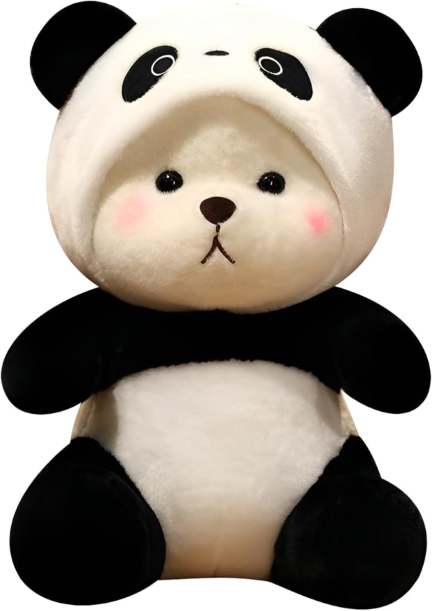 Oso de peluche de peluche de dibujos animados, lindo oso de peluche con gorro de punto extraíble (panda negra, 11 pulgadas/0,5 lb)