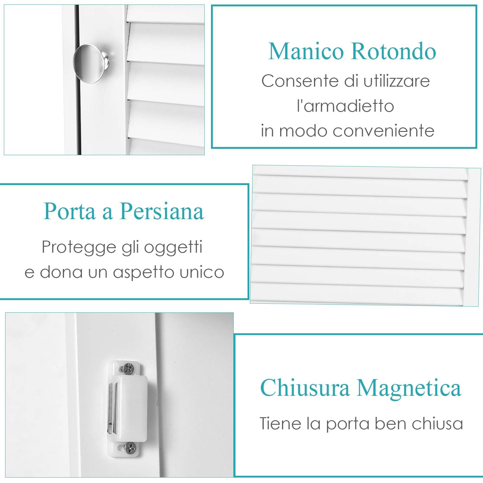 LIFEZEAL Pensile Bagno, in Legno, Mobiletto Bagno Salvaspazio, 42x17x70 cm, Pensile con Ante a Persiana e Mensola Aperta, Armadietto Sospeso con Ripiano Regolabile, Mobile da Muro per Cucina (bianco)