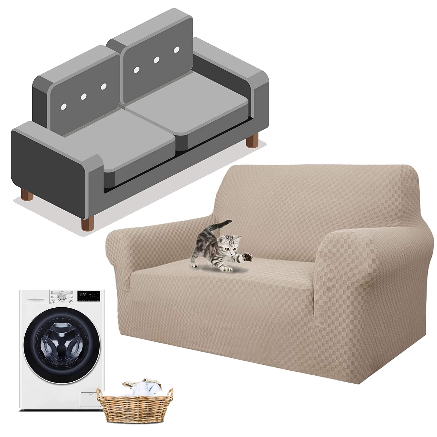 D&DNewest Jacquard Extra Large Sofa Covers for 3 or 4 Seater, Super Stretch Non Slip Couch Cover for Dogs Pet Friendly Sofa Slipcover Furniture Protector (2 Seater,Khaki)