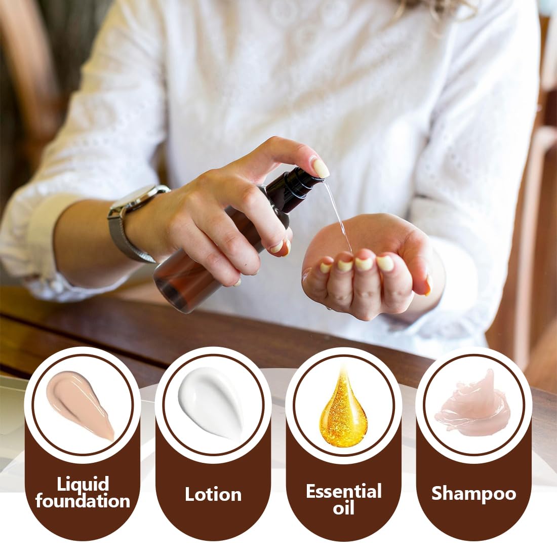IKOPFLN 6 botellas vacías de vidrio marrón con bomba negra para aceite esencial, viaje, crema y loción