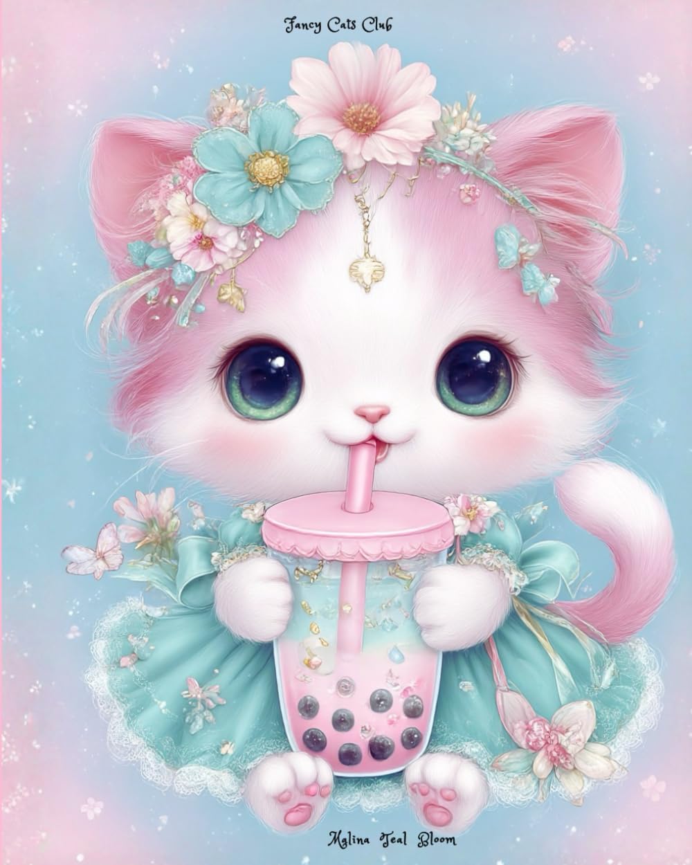Kawaii Fancy Cats Club "Malina Teal Bloom" Composition Notebook: Cute Kitty with Boba Tea for Journaling or Writing Notes ~Glossy Finish ~ Wide Ruled