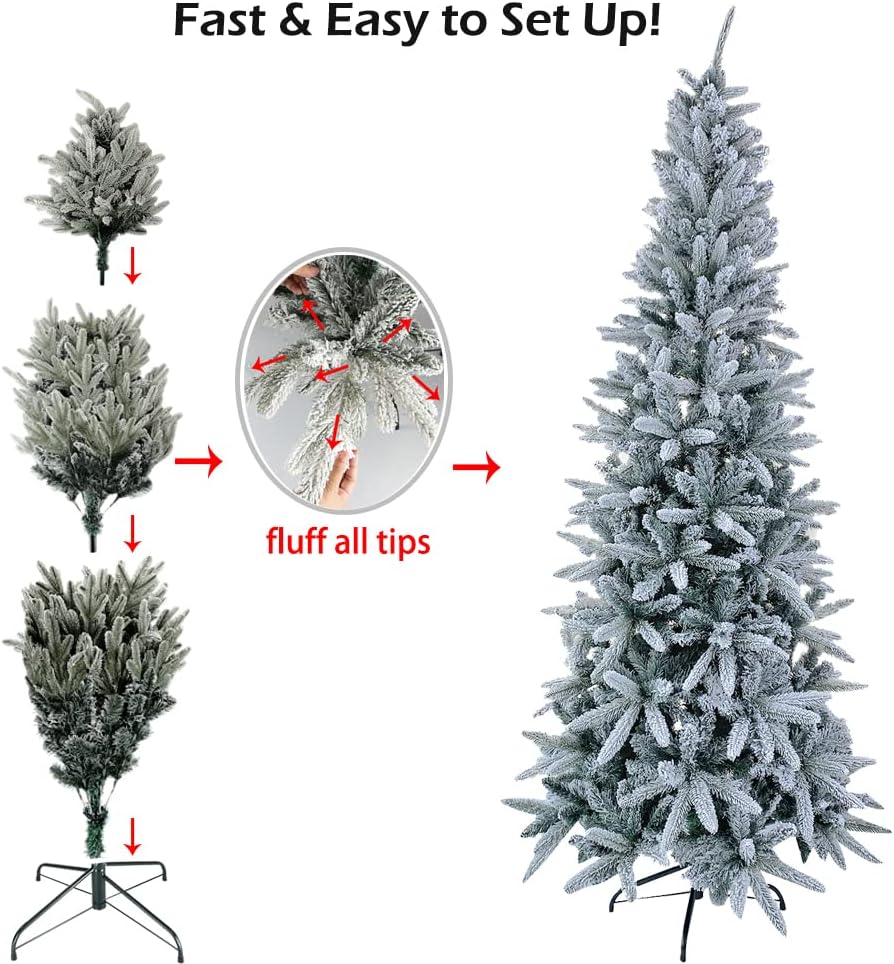 7ft Slim Flocked Pencil Christmas Tree Include Storage Bag, 1031 Branch Tips, Outdoor/Indoor (Flocked Slim 7ft)