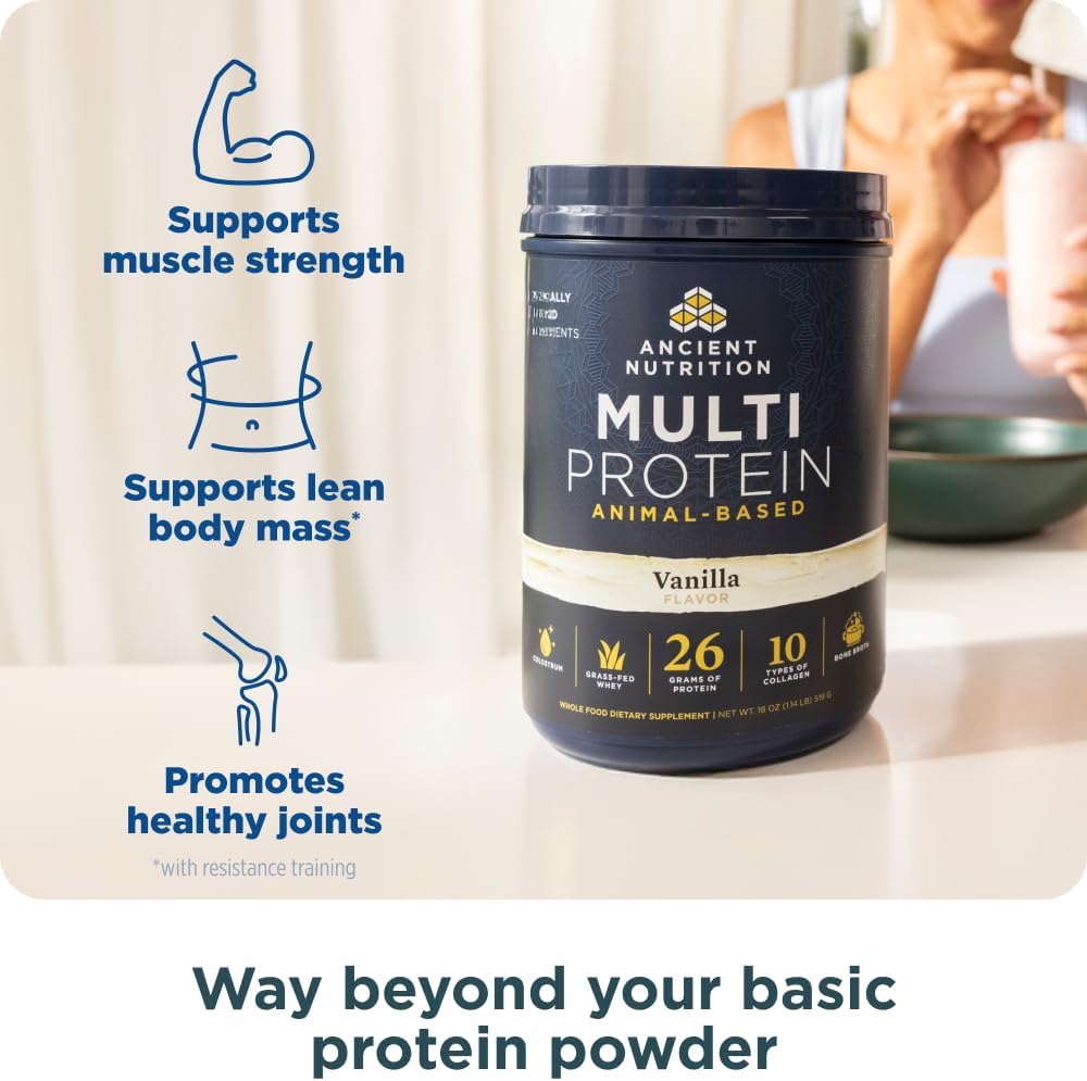 Ancient Nutrition Multi Protein Animal Based Powder, 26g Protein, Grass Fed Whey, Bone Broth, Collagen Peptides, Colostrum & Probiotics, Supports Joint & Gut Health, Vanilla, 15 Servings