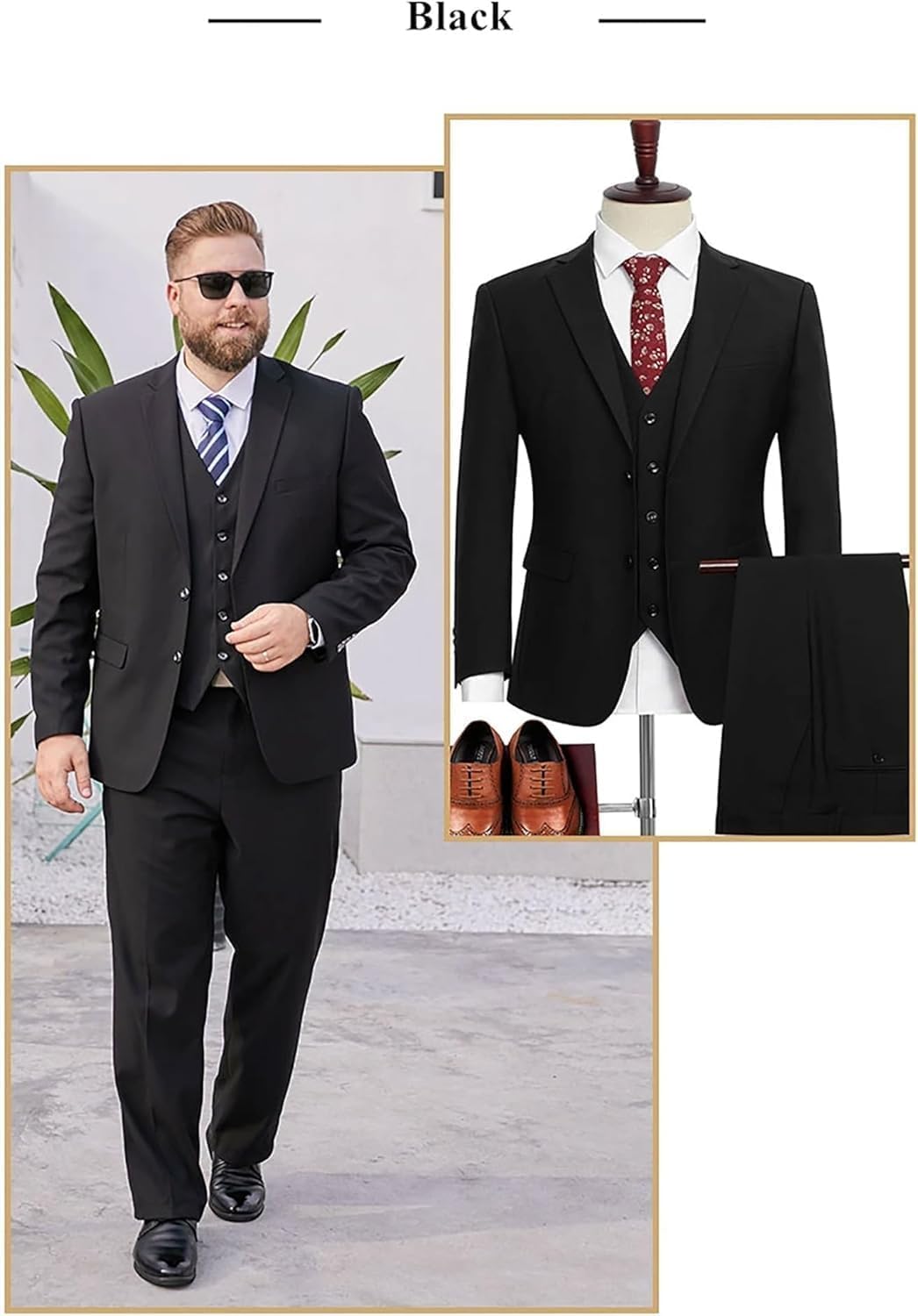 Herrenanzüge 2 Stück Plus Size Business Office Herrenanzug 2 Knöpfe Einfarbig Hochzeit Formeller Blazer Hosenset, Black, 5XL