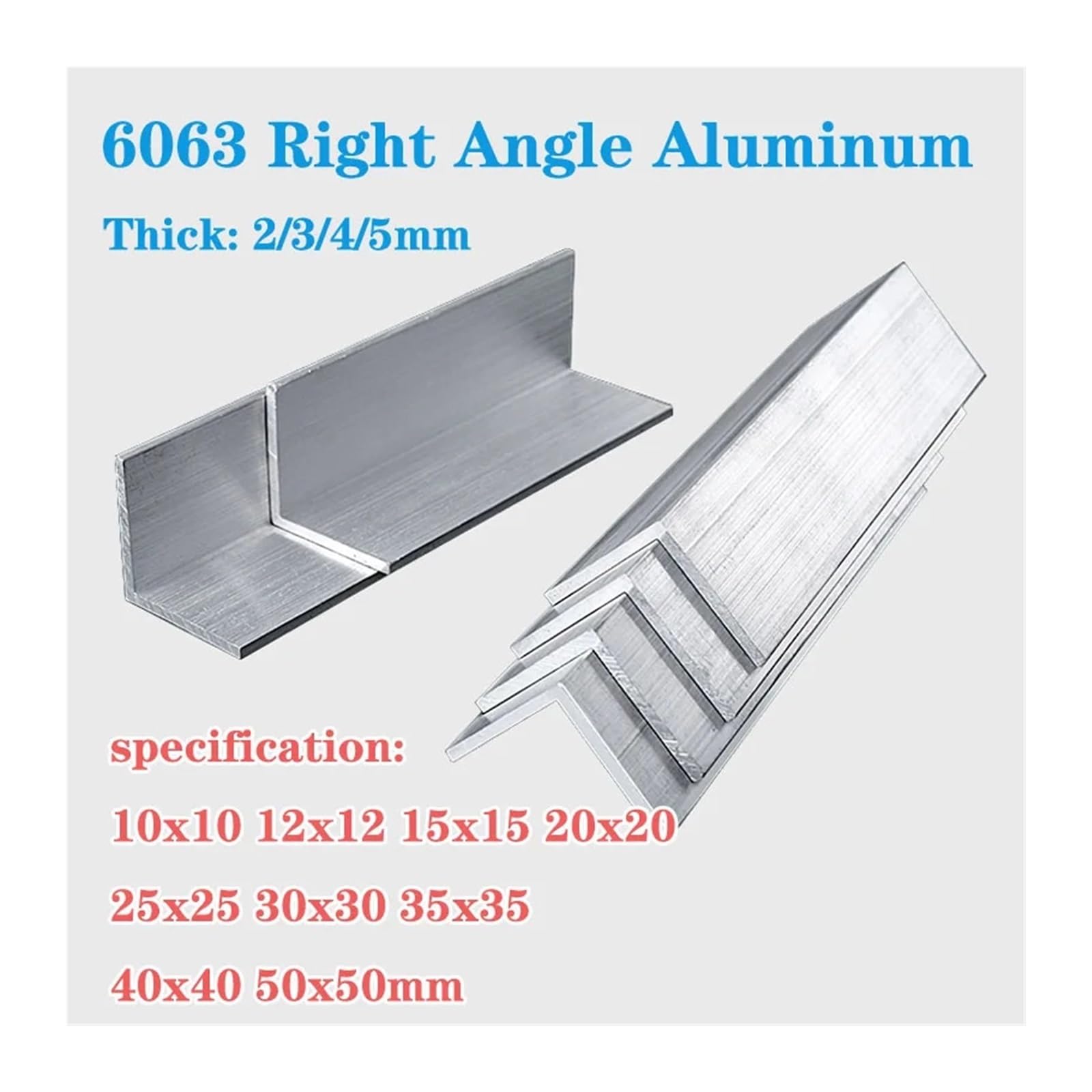 Perfil triangular de aluminio 6063 con ángulo recto, longitud de 500 mm, grosor de 2/3/4/5 mm, esquinas iguales en forma de L, borde de 90°(4x40x40mm)
