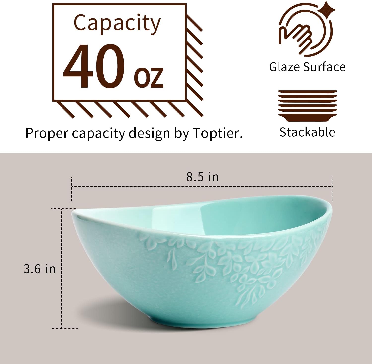 toptier Serving Bowls, 40 Ounce Large Salad Bowls, Porcelain Bowl for Salad, Fruits, Popcorn, Oval Leaf Design Bowl, Set of 2, Blue