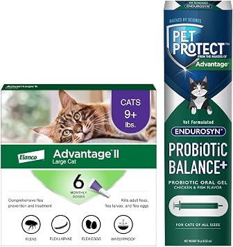 مجموعة Advantage II للقطط الكبيرة | القطط التي يزيد وزنها عن 9 أرطال. | إمداد لمدة 6 أشهر + Pet Protect Probiotic Balance + مكمل غذائي للقطط | جل فموي | 15 جرام