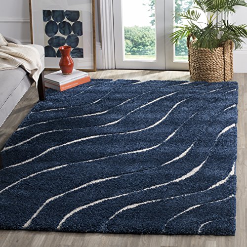 SAFAVIEH Zottelig Teppich für Wohnzimmer, Esszimmer, Schlafzimmer - Florida Shag Collection, Hoher Flor, Dunkelblau und Creme, 183 X 274 cm SAFAVIEH Zottelig Teppich für Wohnzimmer, Esszimmer, Schlafzimmer - Florida Shag Collection, Hoher Flor, Dunkelblau und Creme, 183 X 274 cm