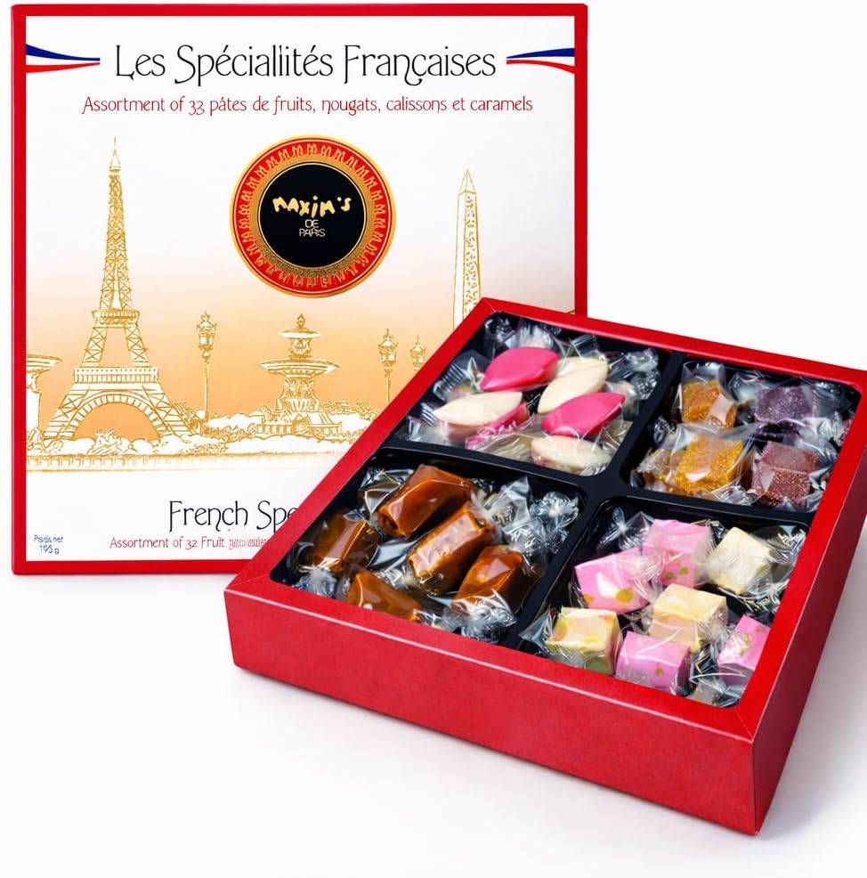 Maxim's de Paris - French Candy Gift Box – 32pc Assortment of Fruit Jellies, Nougats, Calissons & Caramels | Authentic French Confectionery, Made in France, 6.9oz