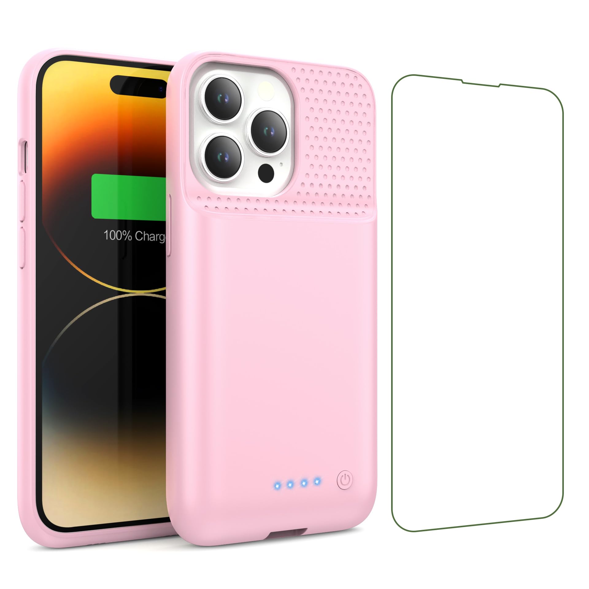 Coque Batterie pour iPhone 14/13 Pro/13 [7500mAh] - Chargeur Portable Rechargeable, Boitier d'Extension avec Verre Trempé - Étui Puissant pour iPhone 14/13 Pro/13 - Rose