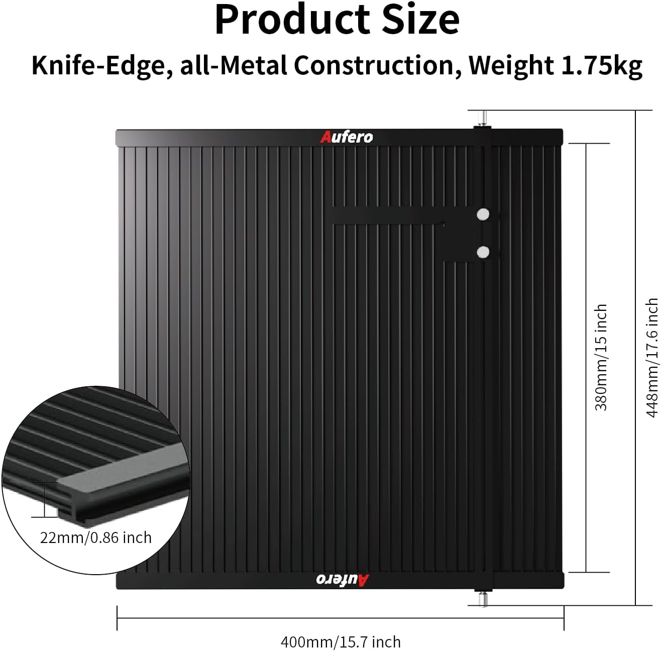 Diagram showing the dimensions of the Aufero knife-edge platform: 380mm/15 inches height, 448mm/17.6 inches overall height, 400mm/15.7 inches width, and 22mm/0.86 inches thickness of the knife-edge slats.