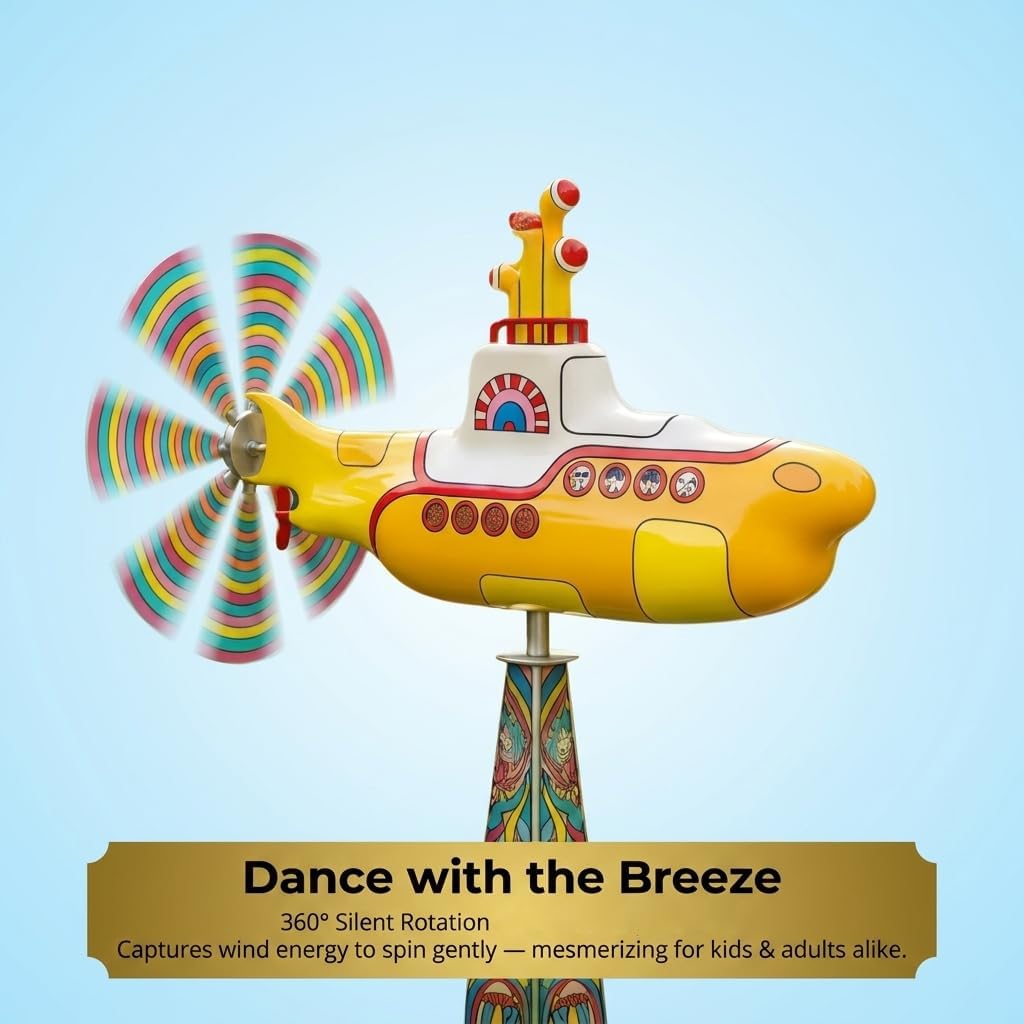 Yellow Submarine Wind Spinner, Kinetic Metal Rotating Yard Art, Outdoor Garden Decor for Patio Lawn, UV-Resistant Non-Fading Submarine Windmill Sculptures