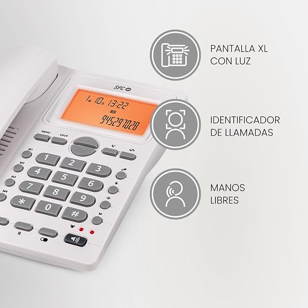 SPC Office ID 2 - Teléfono Fijo con Pantalla iluminada, 4 memorias directas y 10 indirectas, 2 Niveles de Timbre, identificador de Llamadas, señal Luminosa, Manos Libres, sobremesa o Pared – Blanco - 2