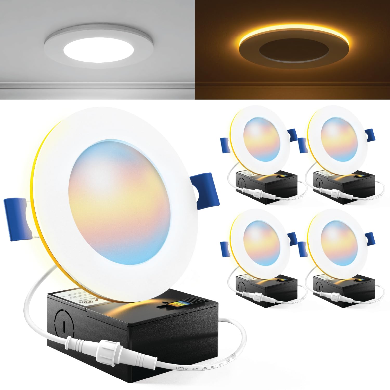 Sunco 4 Inch LED Recessed Lights with Night Light, Slim Ceiling Lighting, 900 LM, 11W (110W Equiv), Selectable CCT 2700K/3000K/3500K/4000K/5000K, Dimmable, Canless with Junction Box ETL 4 Pack.