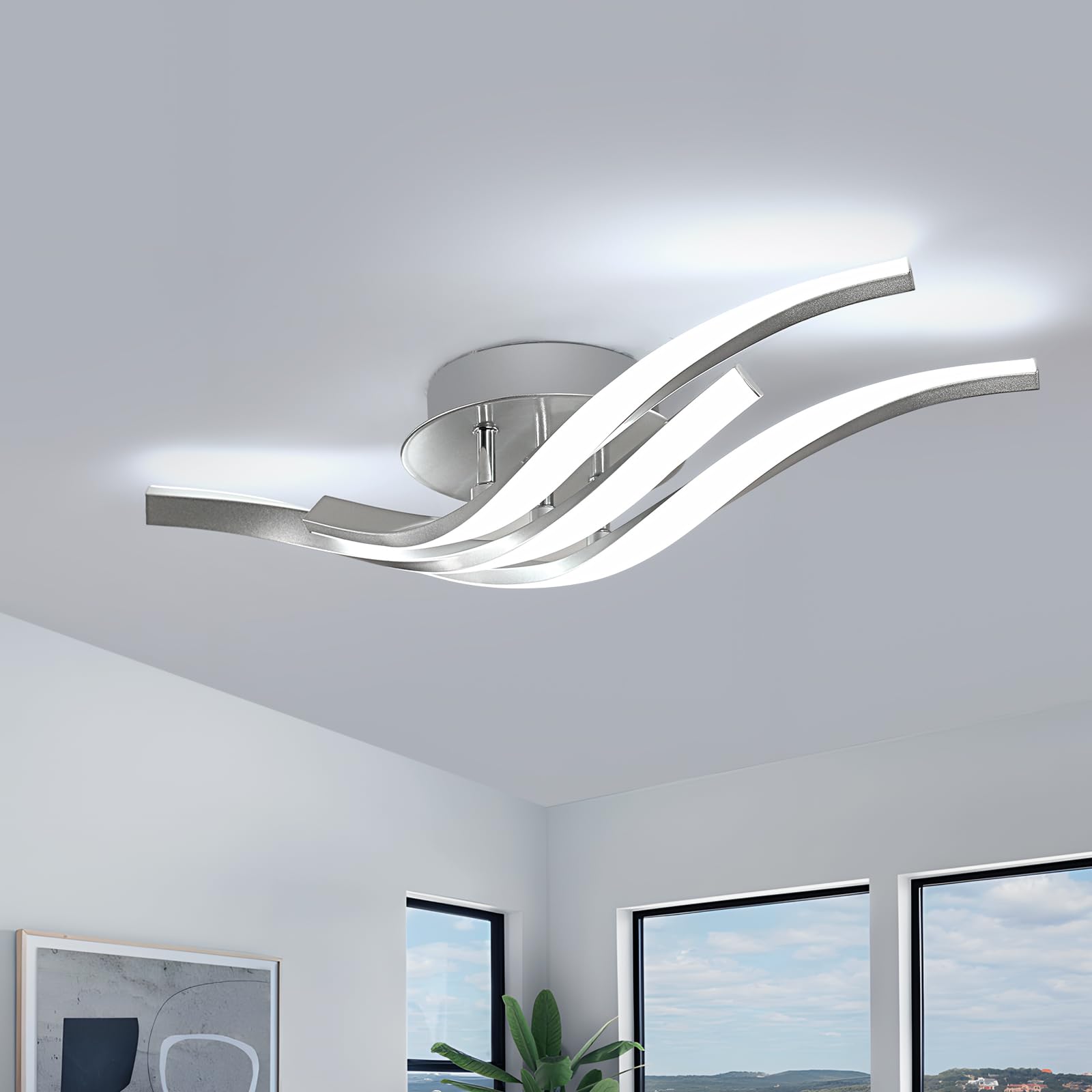 Dorlink Lampara Techo LED 3 Luces, Lampara Techo Dormitorio, Plafon LED Techo 6500K Blanco Frío, 24W 1920LM Lamparas de Techo Salón Plata, Lamparas Techo para Cocina, Comedor, 52CM